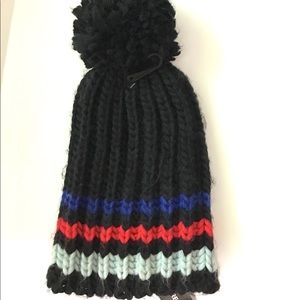 Express Pom Knit Hat Beanie Black Red Blue Stripes